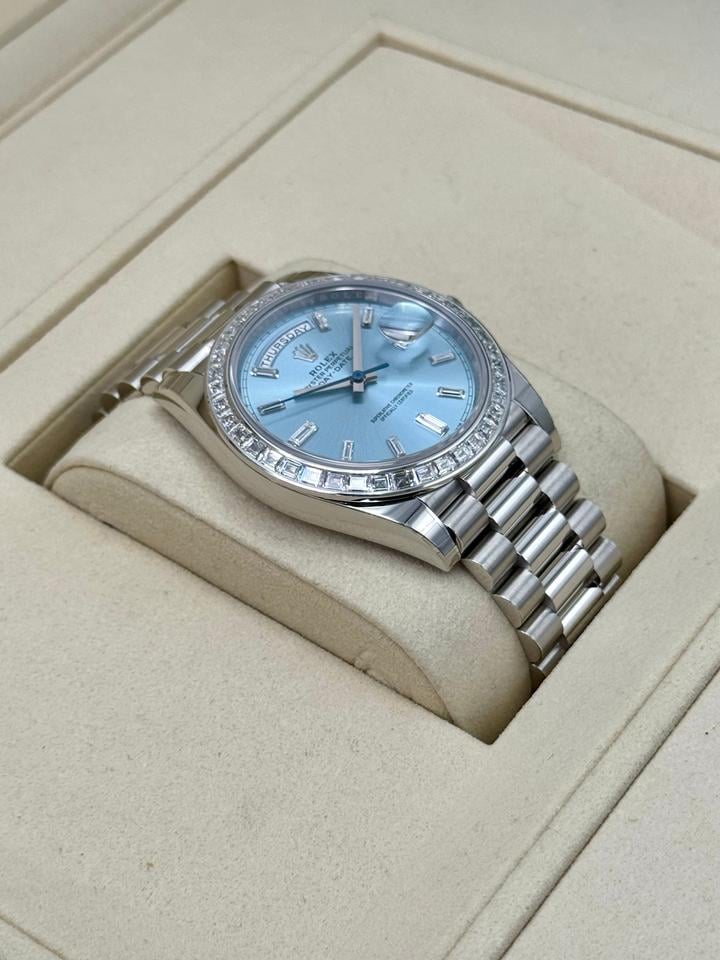 Rolex Day-Date 40 228396TBR Platinum Ice Blue Diamond Baguette Dial