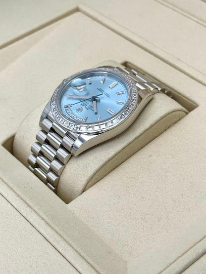 Rolex Day-Date 40 228396TBR Platinum Ice Blue Diamond Baguette Dial