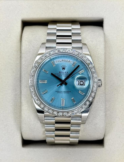 Rolex Day-Date 40 228396TBR Platinum Ice Blue Diamond Baguette Dial