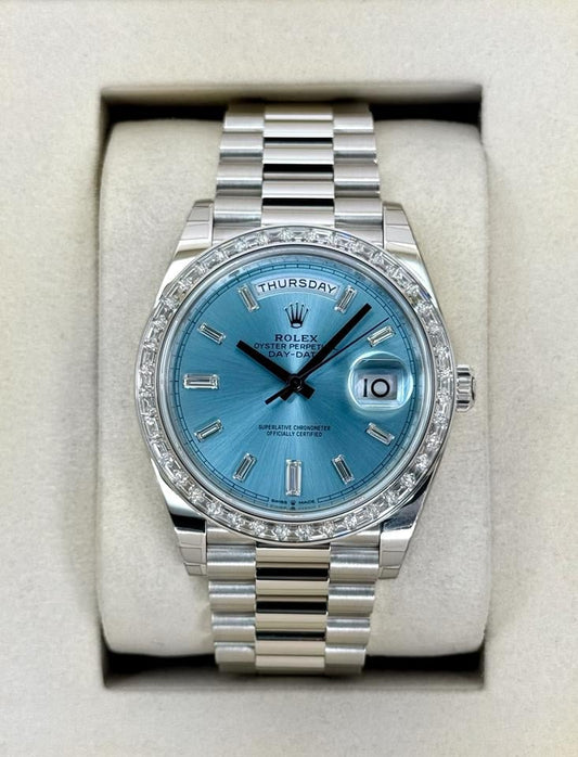 Rolex Day-Date 40 228396TBR Platinum Ice Blue Diamond Baguette Dial