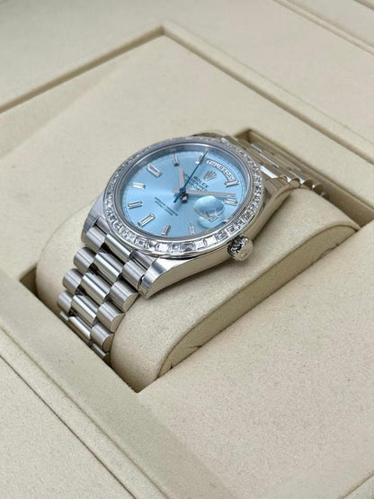 Rolex Day-Date 40 228396TBR Platinum Ice Blue Diamond Baguette Dial
