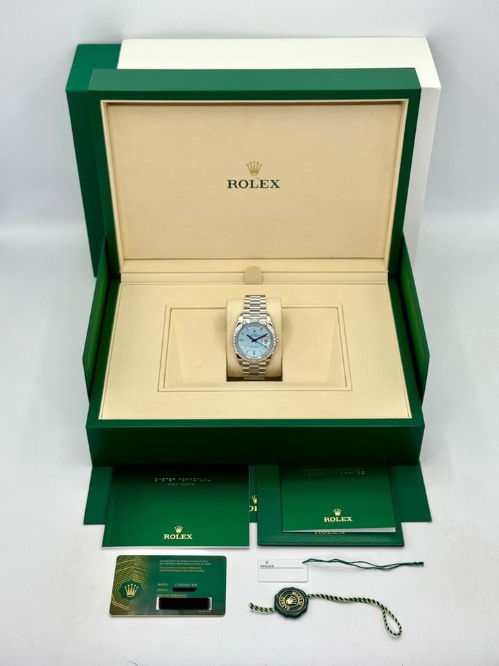 Rolex Day-Date 40 228396TBR Platinum Ice Blue Diamond Baguette Dial