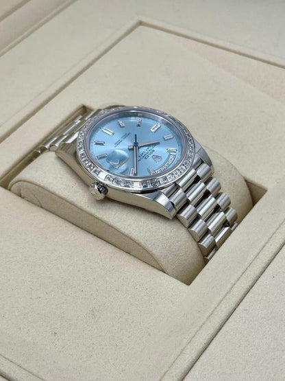 Rolex Day-Date 40 228396TBR Platinum Ice Blue Diamond Baguette Dial