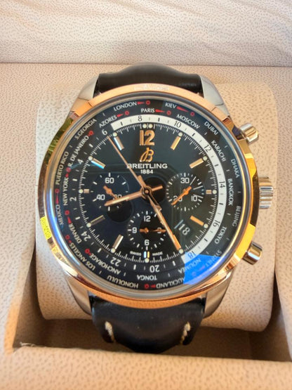 Breitling Transocean Chronograph Unitime UB0510 Steel & 18K Rose Gold Black Dial