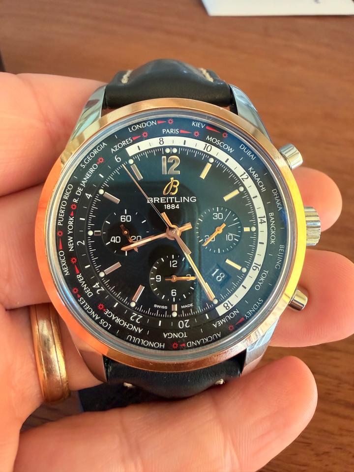 Breitling Transocean Chronograph Unitime UB0510 Steel & 18K Rose Gold Black Dial