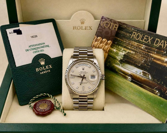 Rolex Day-Date 36 18239 18K White Gold Diamond Dial Full Set