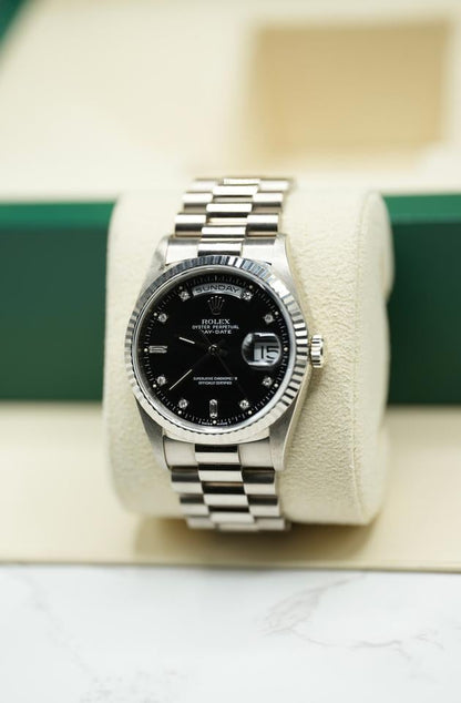 Rolex Day-Date 36 18239 18K White Gold Black Diamond Dial