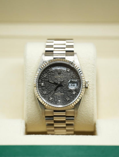 Rolex Day-Date 36 18239 White Gold Grey Jubilee Diamond Dial