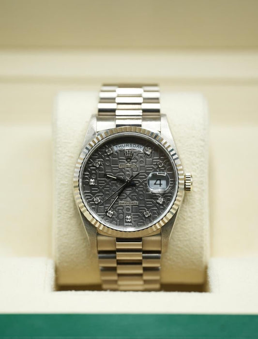 Rolex Day-Date 36 18239 White Gold Grey Jubilee Diamond Dial