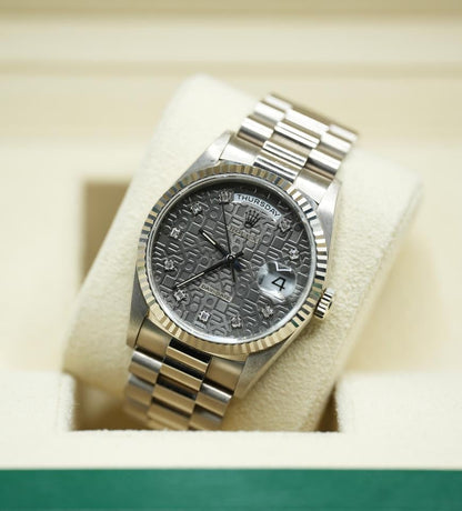 Rolex Day-Date 36 18239 White Gold Grey Jubilee Diamond Dial