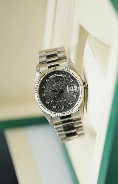 Rolex Day-Date 36 18239 White Gold Grey Jubilee Diamond Dial