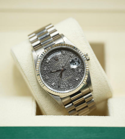 Rolex Day-Date 36 18239 White Gold Grey Jubilee Diamond Dial