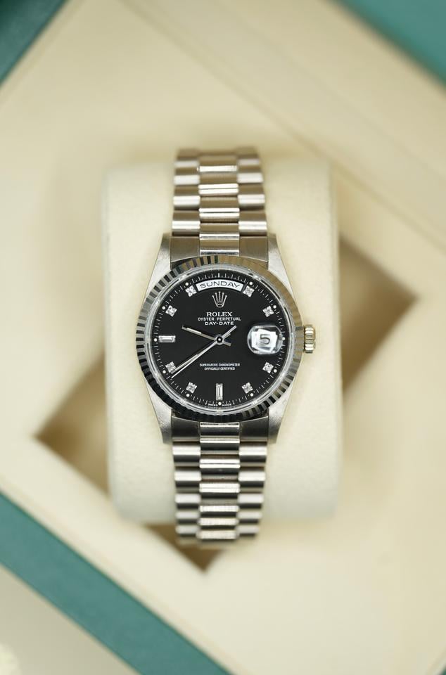 Rolex Day-Date 36 18239 18K White Gold Black Diamond Dial
